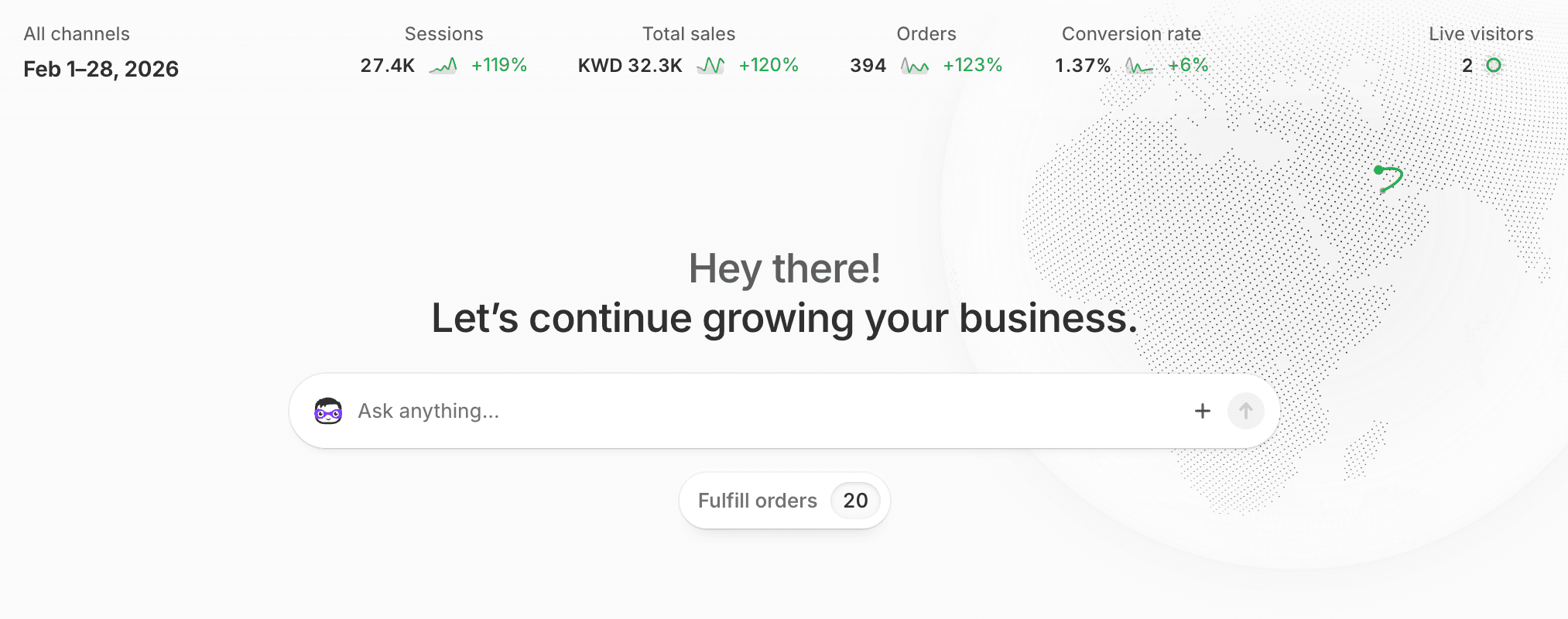 Shopify analytics — Alma Home, +120% total sales, Feb 1–28, 2026